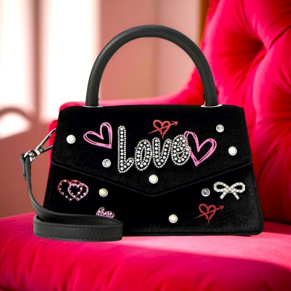 Aldo NWT Black Velvet “Love” Pearl & Bling Embellished Crossbody Satchel (P144)